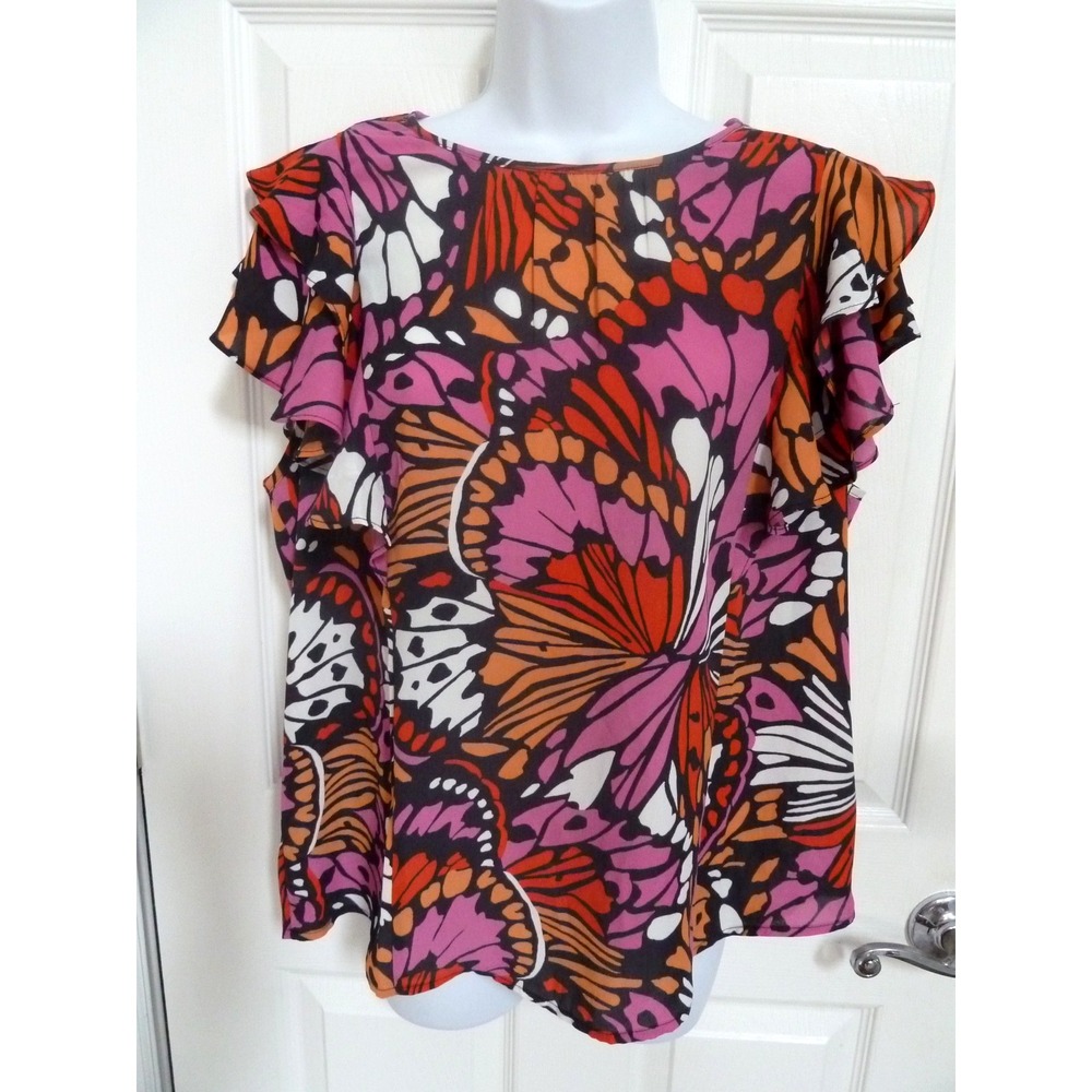 DR2 Womens Large Abstract Butterfly Ruffle Sleeve Blouse ZDR23744PR1 Multicolor